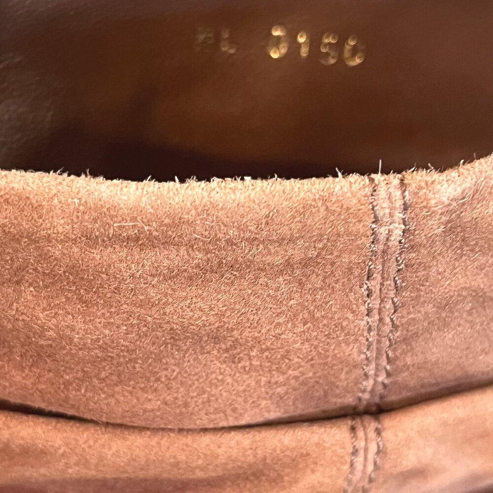 Louis Vuitton Camel Suede Slouch Wedge Boots Gold Metal Logo on Heels Size  37/7 - Picture 14 of 14